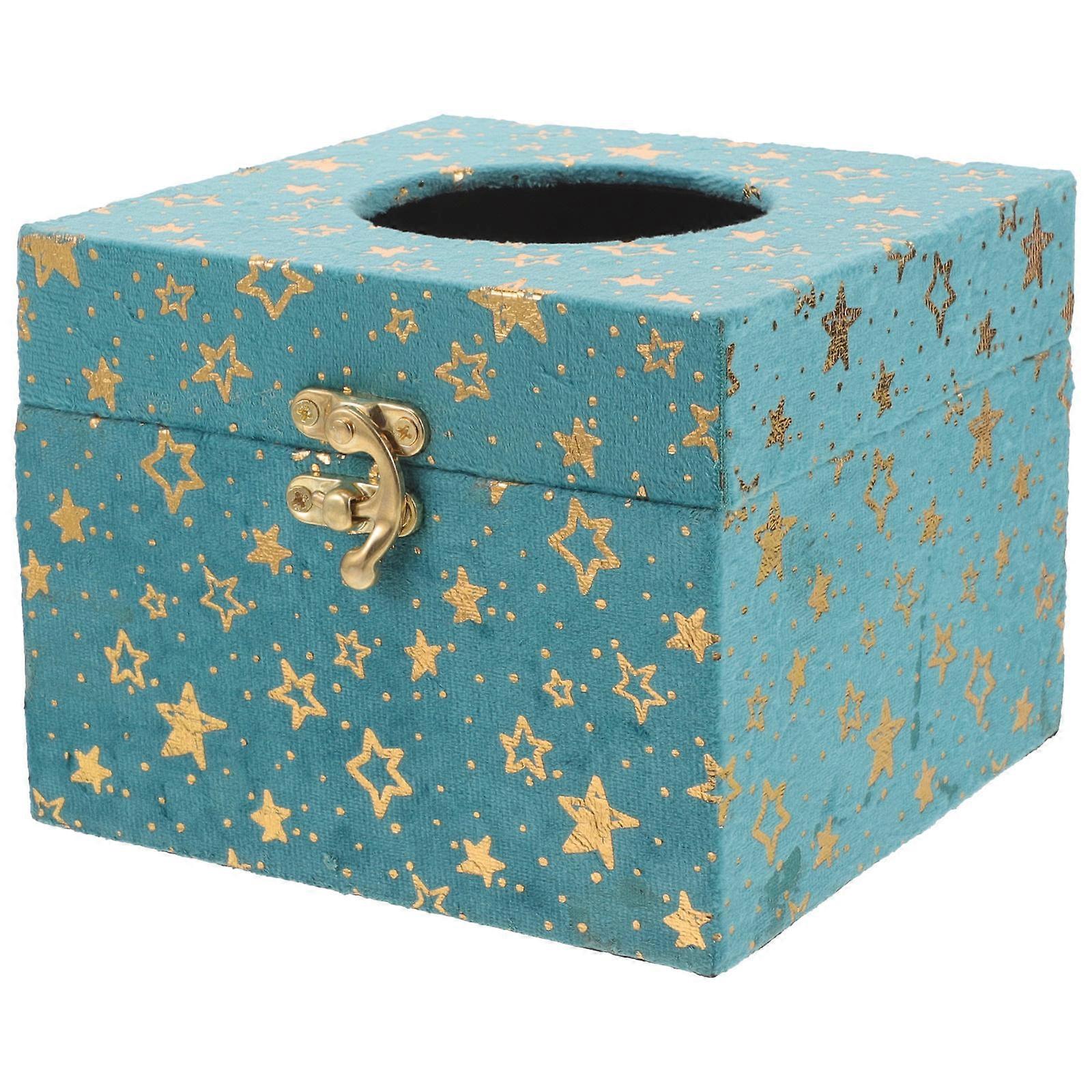 Cube Tissue Box Holder Square Napkin Container For Bathroom Home Decor Blue Wood Plush Tissue Storage 1Pcs