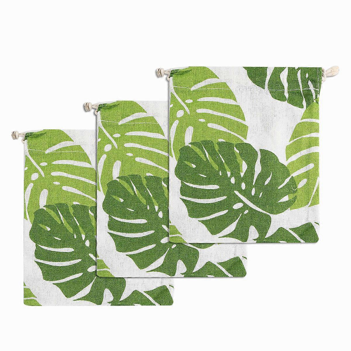 Cotton And Linen Fabric Treat Bag With Monstera Pattern For Guests During Parties 6Pcs