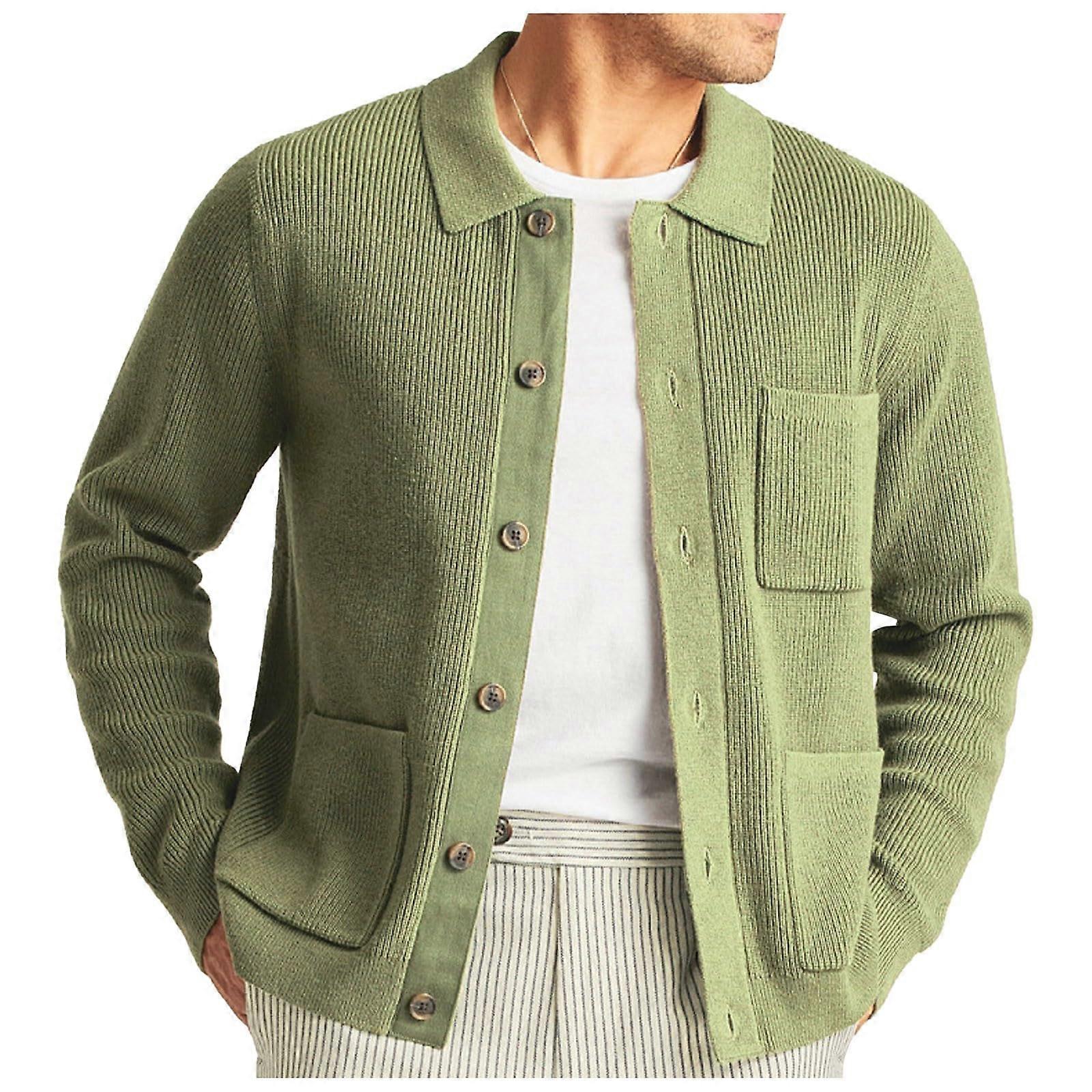 Autumn Jacket For Men Green Fine-Knit Cardigan With Shawl Collar And Button Placket Warm Winter Casual Coat Size XXL