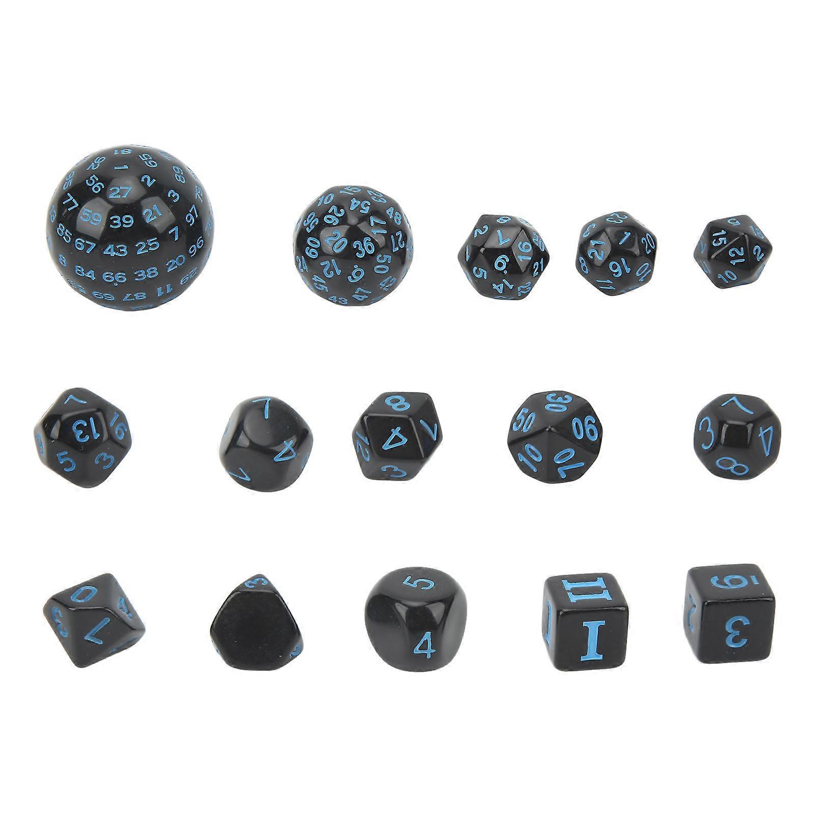 15Pcs Polyhedral Dice Set Acrylic D3 to D100 Table Gaming Dices for Role Playing Table Games Party Supplies Black and Blue Words
