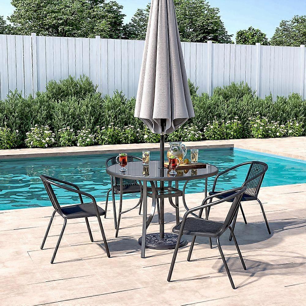 Set of 5 Outdoor Round Umbrella Table and Stackable Chairs Set