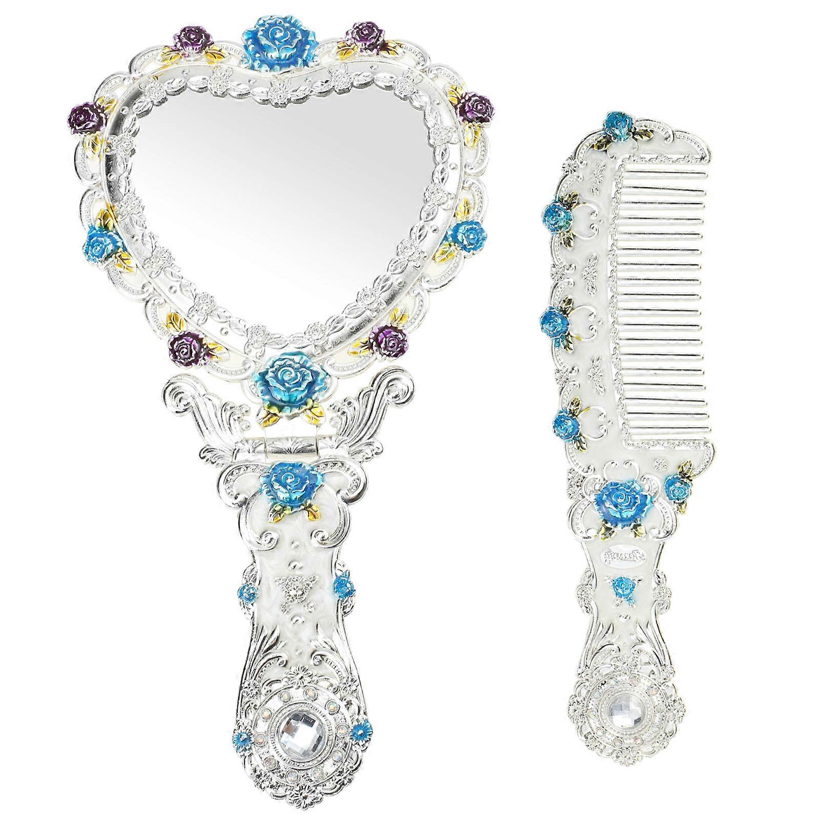 Foldable Handheld Vintage Mirror Comb Set For Women Perfect For Travel Use And Countertop Decor In Silver 1 Set