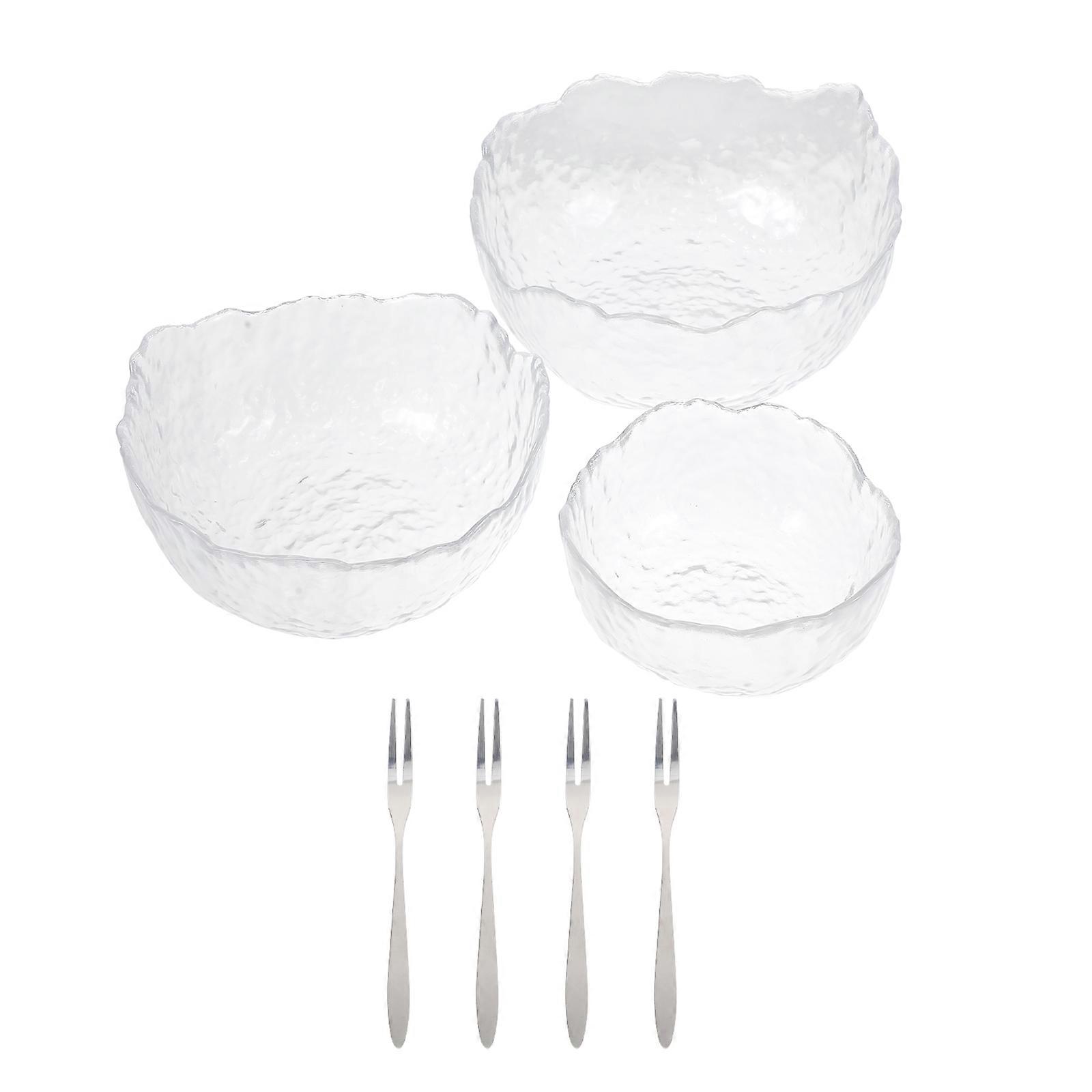 Salad Bowl With Fork 3Set White Hammer Pattern Tableware Set Ideal For Housewarming Gift And Mealtime Storage