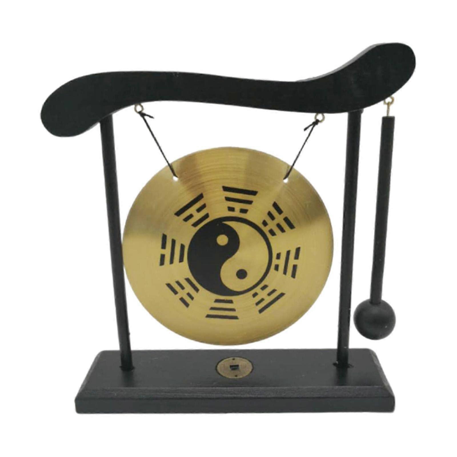 Gong Ornament, Gongs Bells Wind Chimes, Art Brass Feng Shui Desktop Gong Chinese Gong Bell with Stand for Table Home Decorations