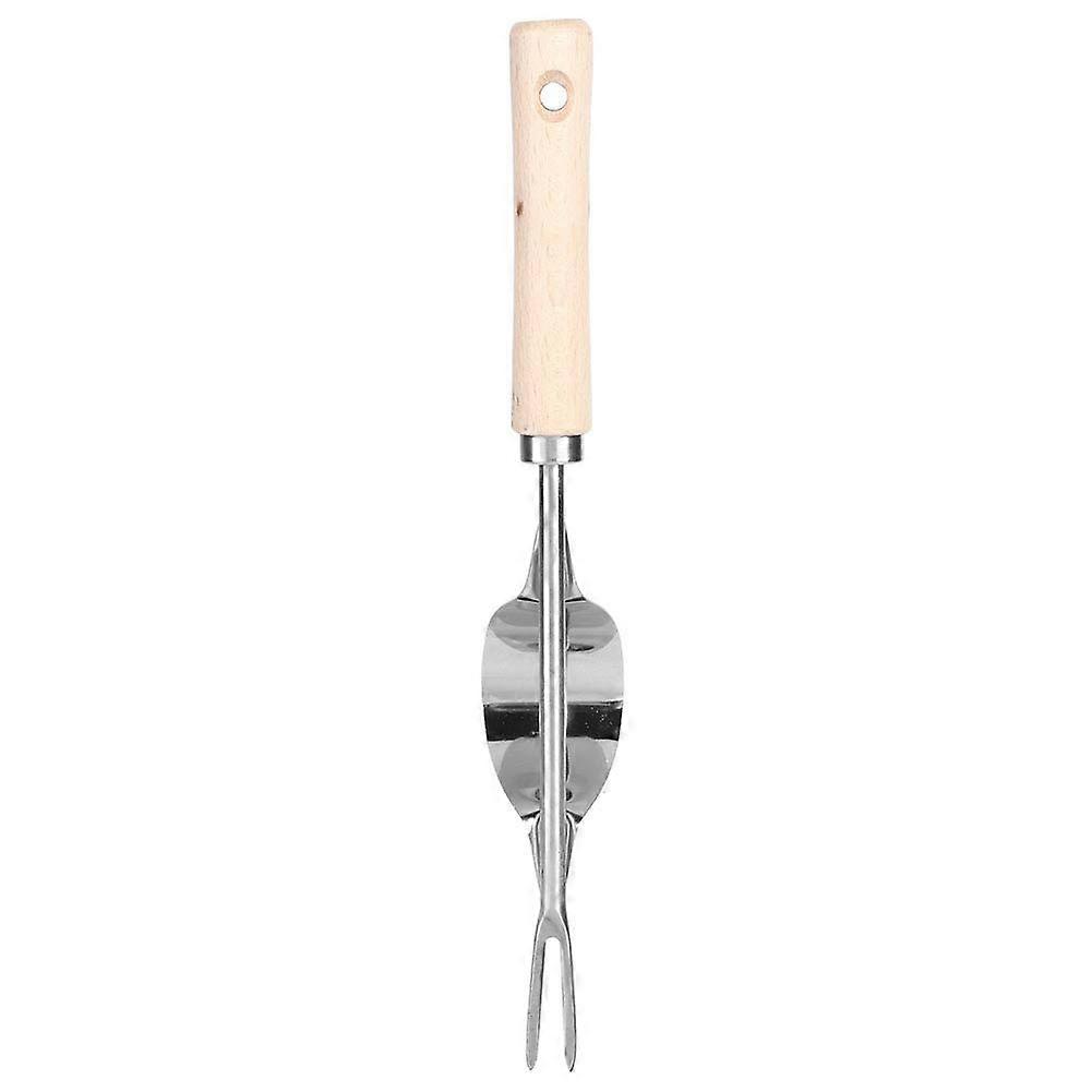 Stainless steel weeding tool with ergonomic wooden handle for removing thistle roots