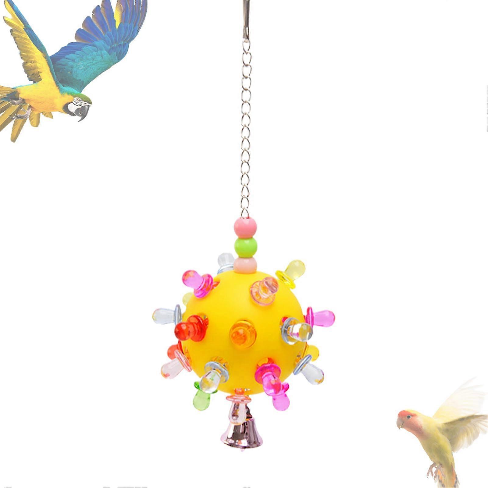 Bird Chew Toy Parrot Chew Toy Colorful Planet Design Trapal Forging Ball Cage Accessories with a Bell for Calls Yellow