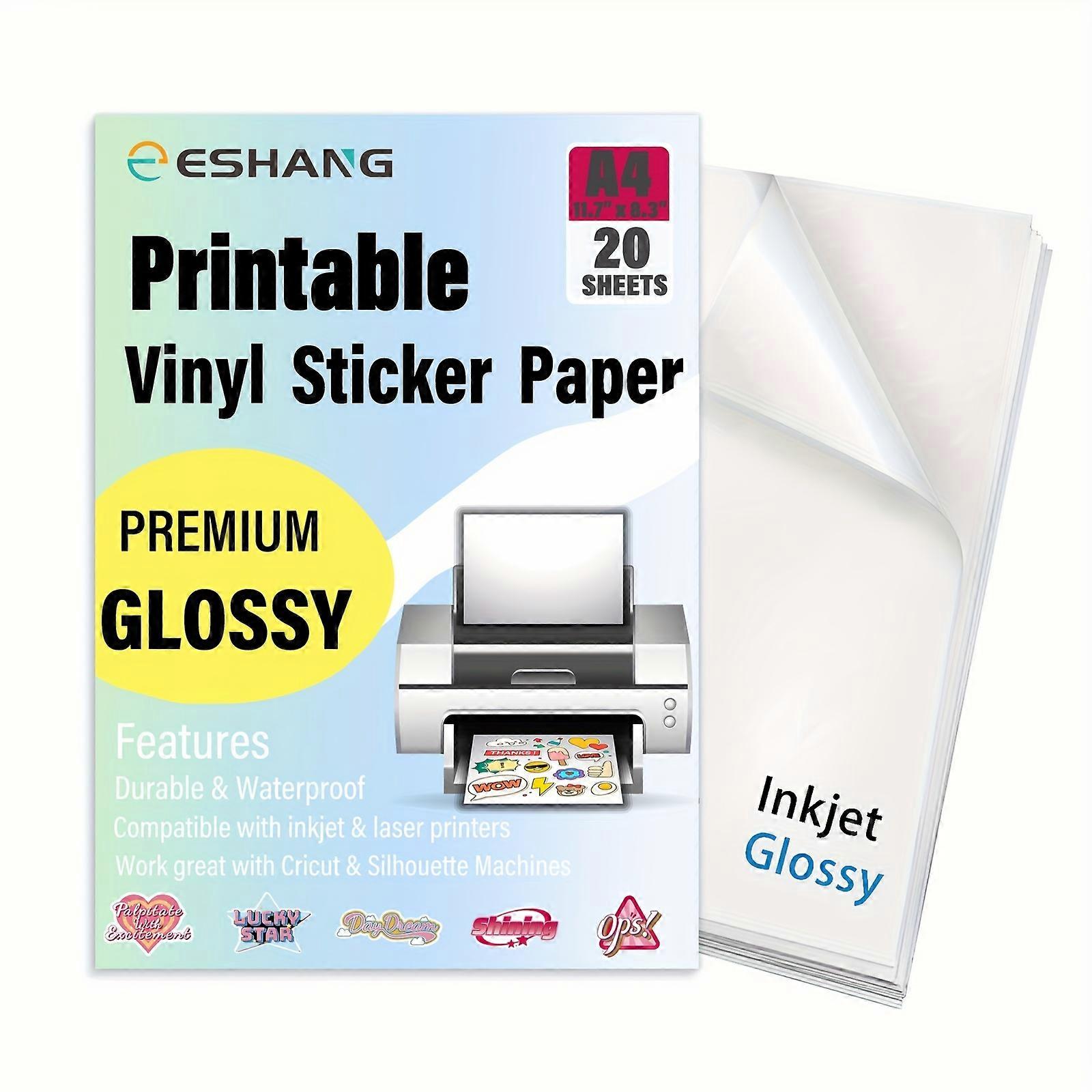 ESHANG 20 PCS Self Adhesive Sheets  A4 Size Printable Glossy Vinyl Sticker Paper for Inkjet Printer 8.3"x11.7" White Waterproof Decal Paper