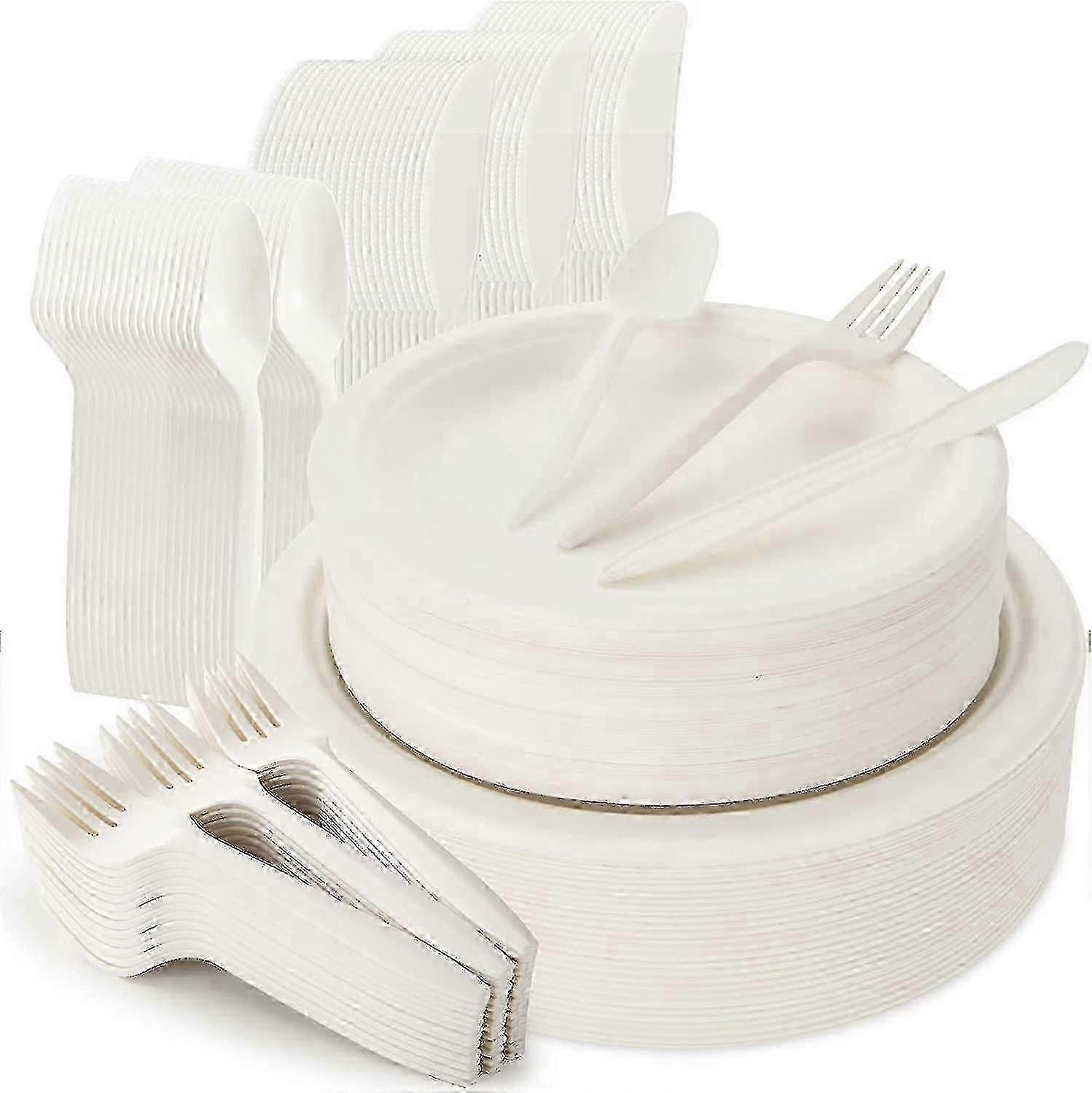 Ensemble d’assiettes et de couverts jetables de 250 pièces, le kit de vaisselle en bagasse compostable comprend des assiettes en papier de 7 pouces 9 pouces, des compatibles, des couteaux et des cuillères Com