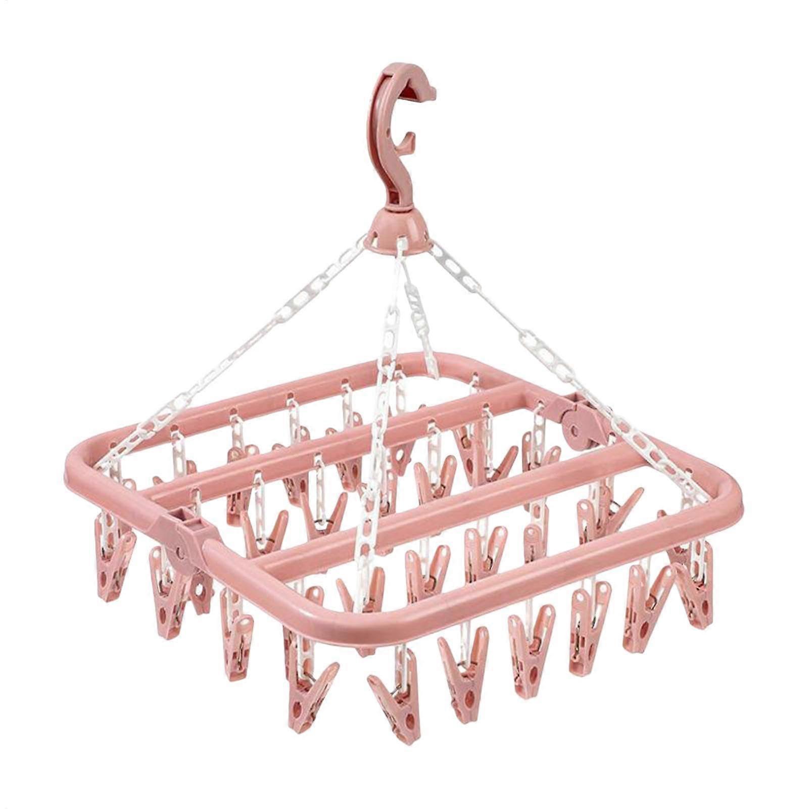 Sock Drying Rack Folding Laundry Hanger With 32 Pegs Swivel Clothes Hangers Pink