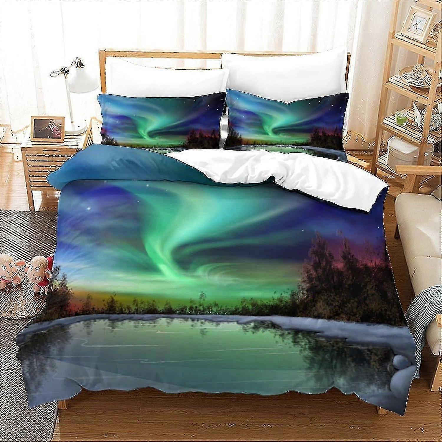o3136 Lakan Northern Lights Sängkläder Set Påslakan Aurora Borealis Bäddset Collction för tonåringar Flickor Pojkar Utan täcke Lakan Dubbelsäng Si