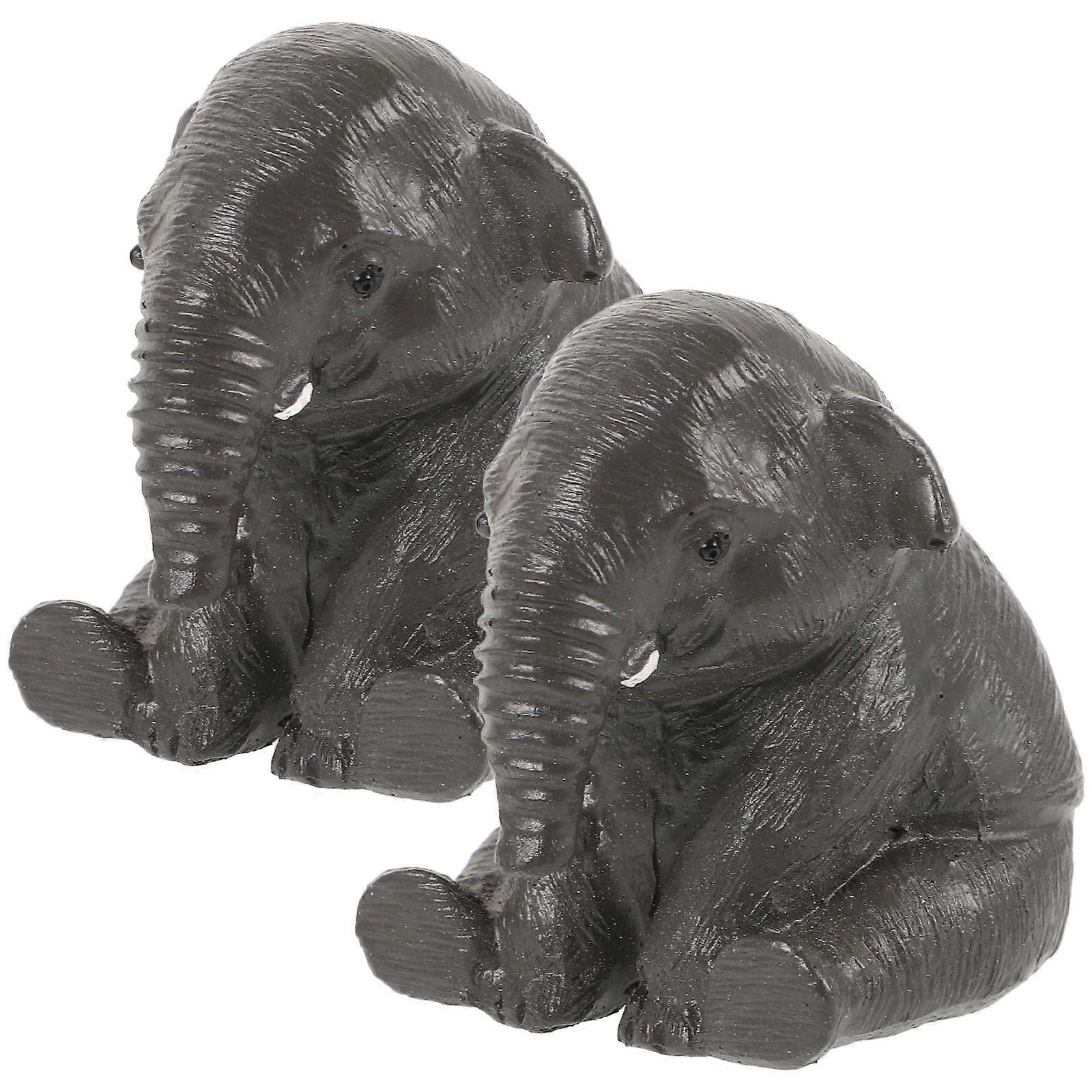 Miniature Resin Elephant Statue for Decoration Creative Cartoon Design 2 Pieces Light Grey