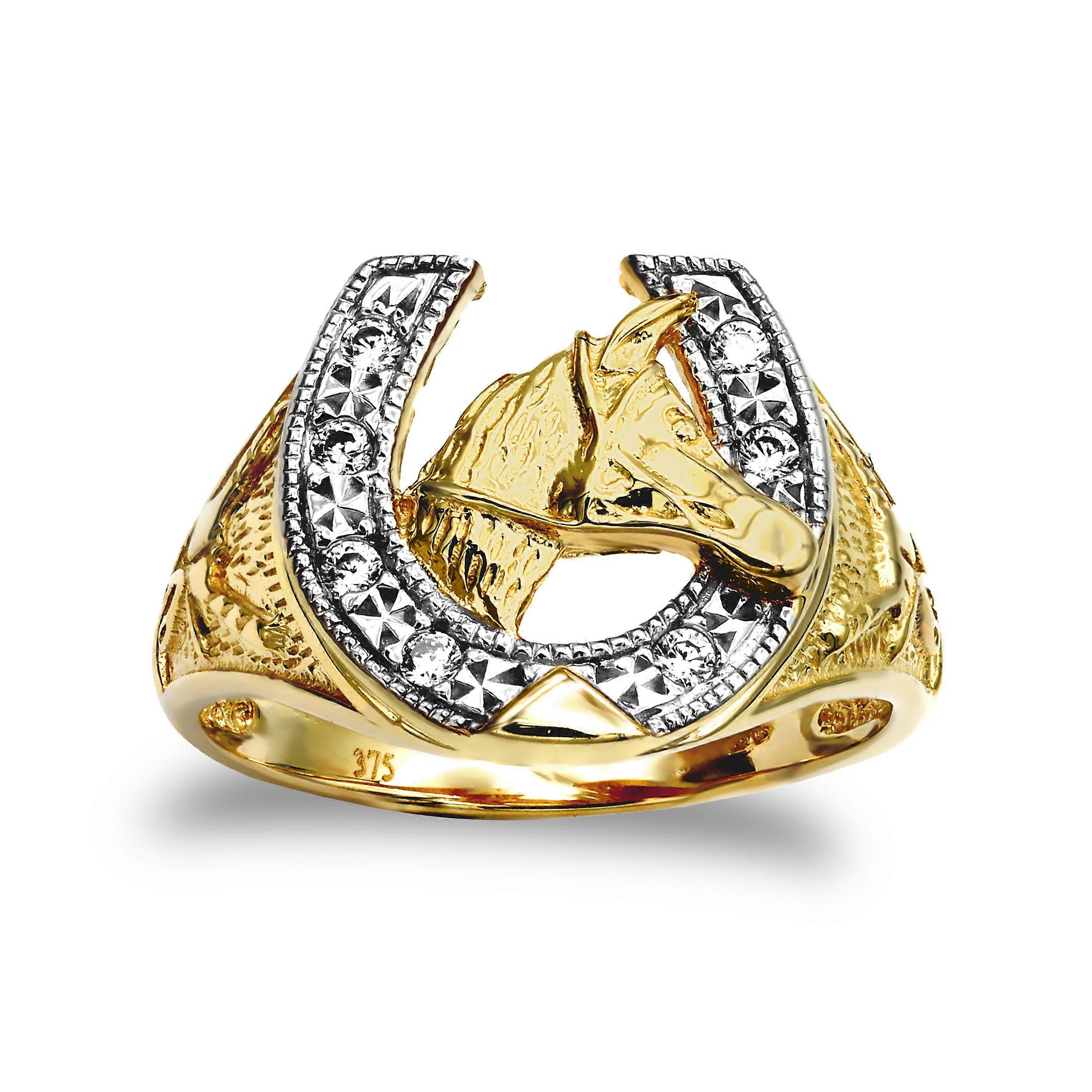 Jewelco London Men's Solid 9ct Yellow Gold White Round Brilliant Cubic Zirconia Horse Head Horseshoe Ring