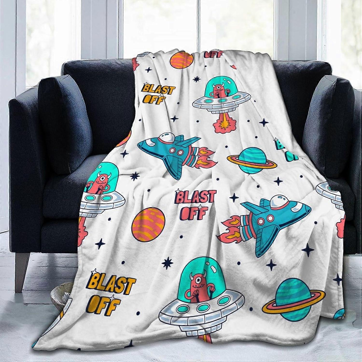 Rockets & Planets Fleece Blanket, Twin Size 80"X60" Throw for Bed Couch Sofa, Soft Lightweight Flannel Blanket for All Seasons