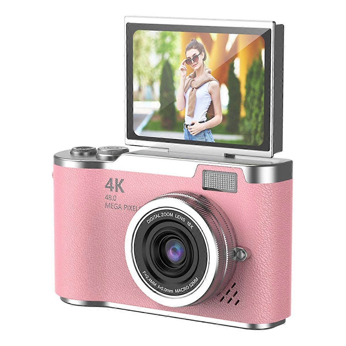 4K CCD 8X Digital Zoom Camera for Student 48MP Compact Digital Photography Camera 180 Flip Screen Selfile Camera Pink