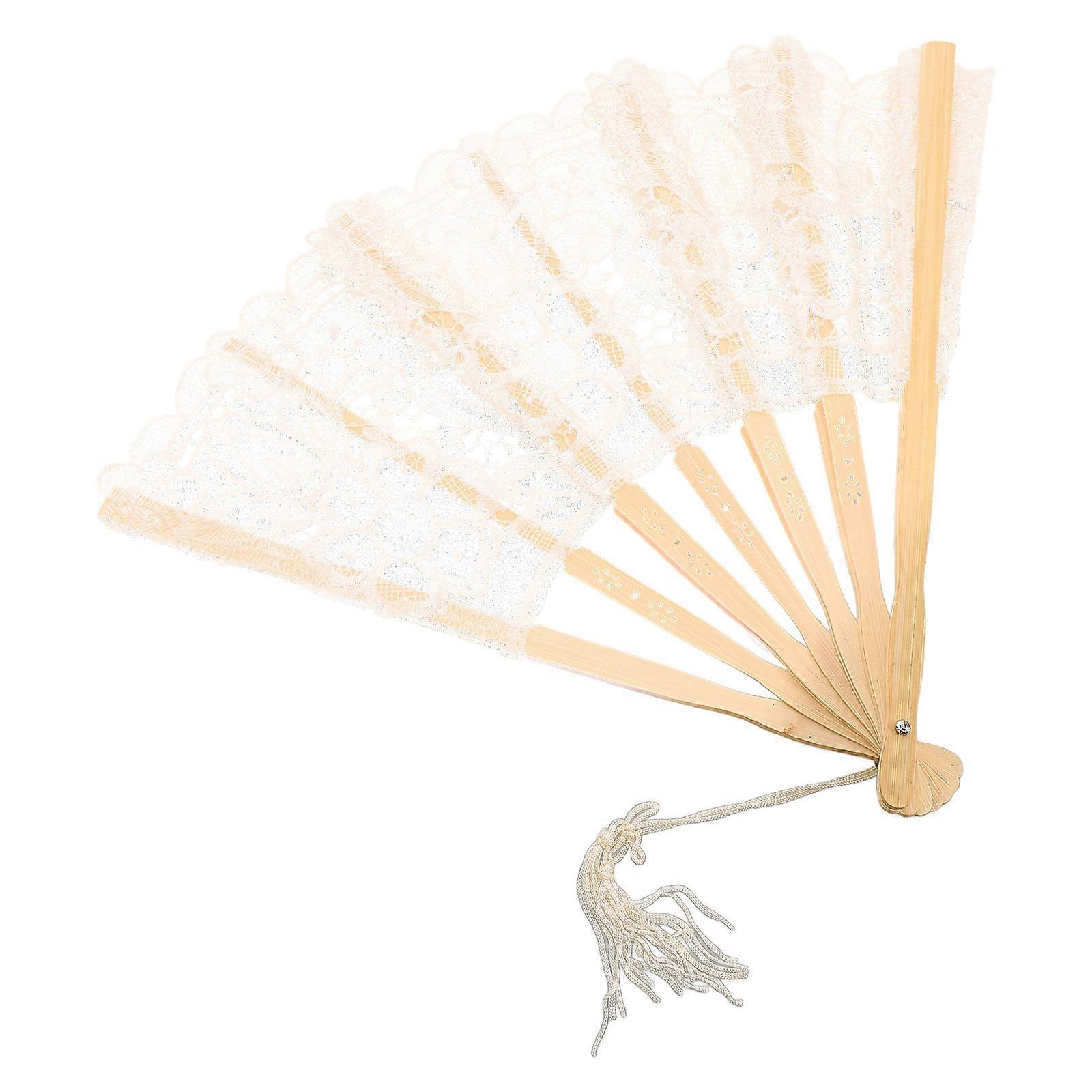 Beige Lace Hand Fan Folding Fan for Ceremony Use 4Pcs Set