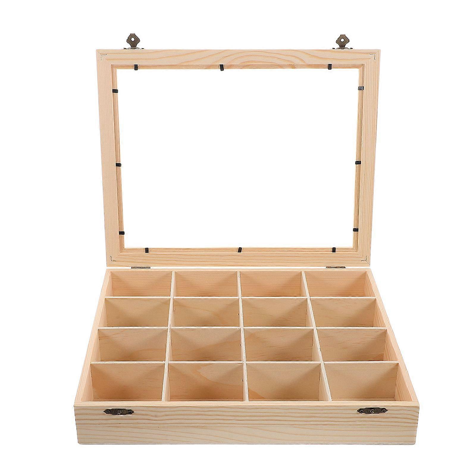 Wooden Rock Collection Organizer with Clear Lid for Mineral Specimens Display Rock Collectibles and Crystal Storage 16-grid Case
