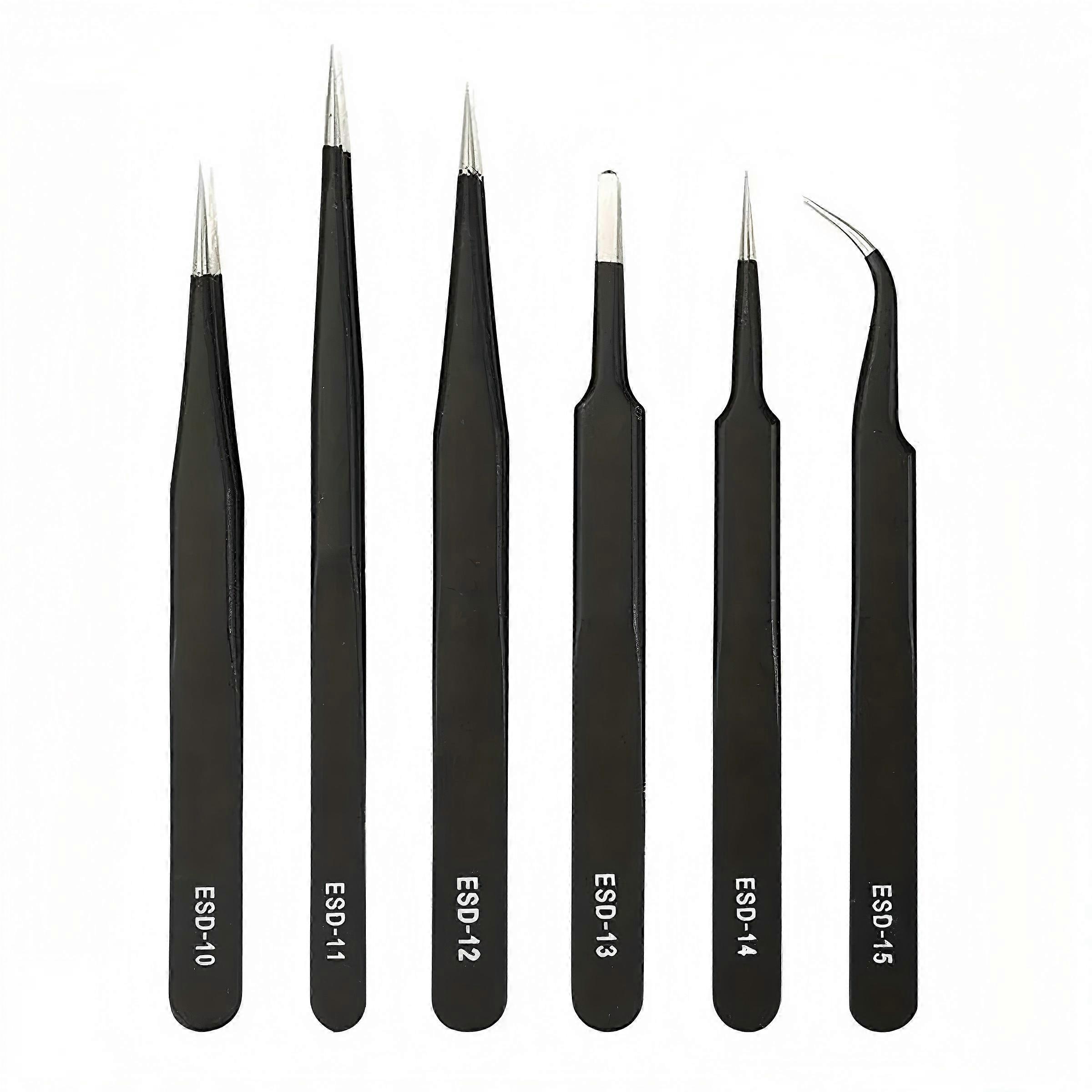 6-Piece ESD Anti-Static Tweezers Set, Precision Stainless Steel Tools for Electronics Repair, Craft Modeling & Bending