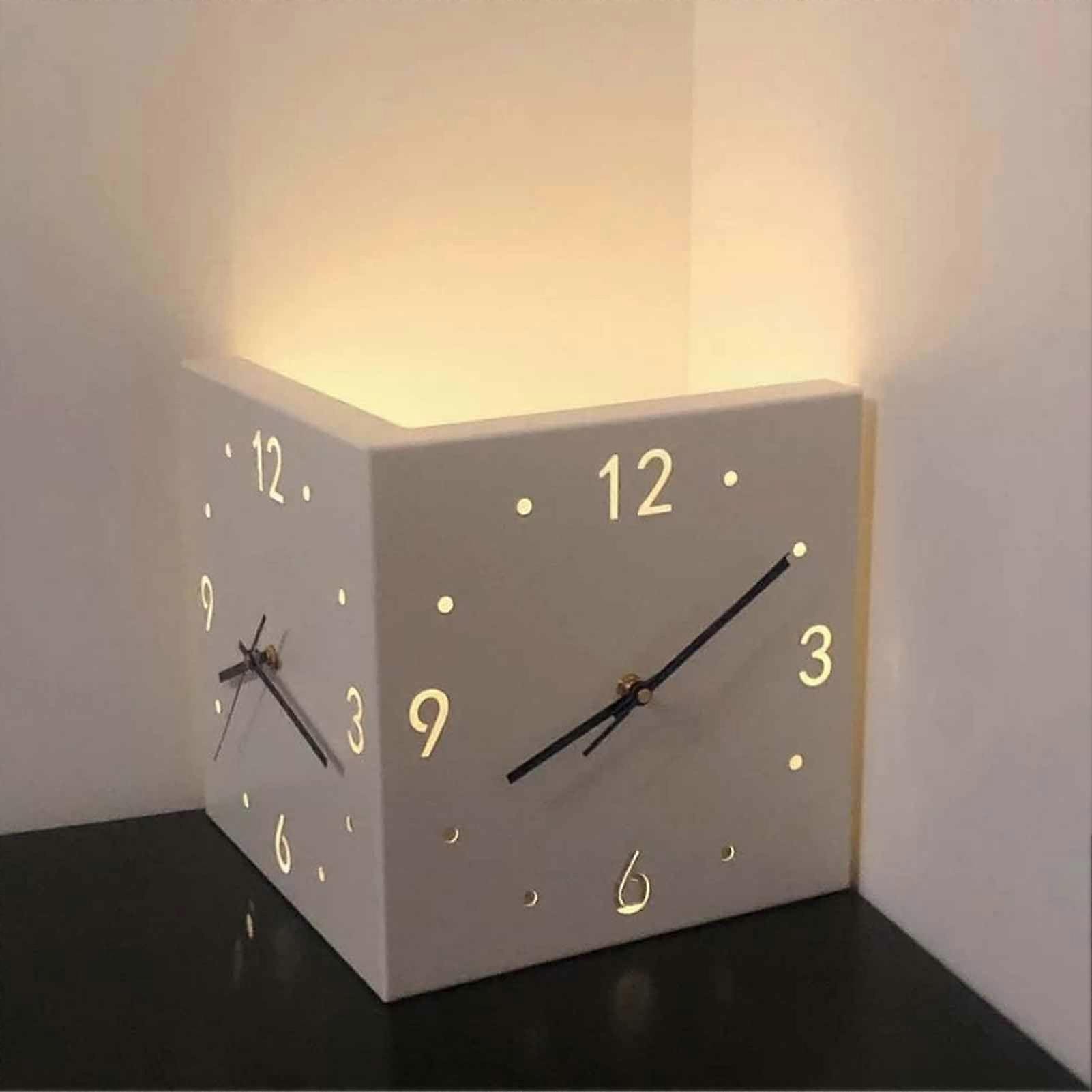 Double Sided Corner Wall Clock, SensorActivated Luminous Display, Silent Operation, Battery Operated, White for Bedroom