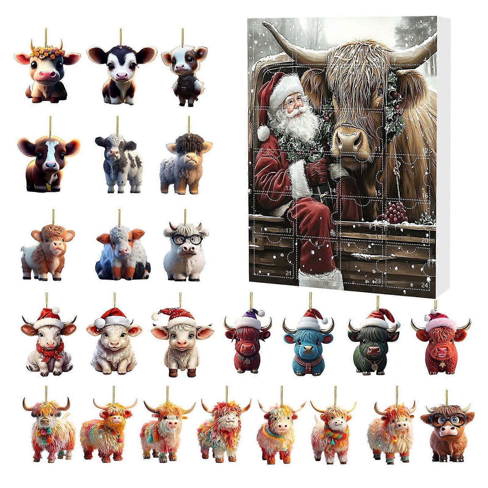 Jikaixiang Highland Cow Ornaments Advent Calendar 2025 24 Days Christmas Countdown Calendar with Cartoon Cows Ornament for Xmas Tree Decor