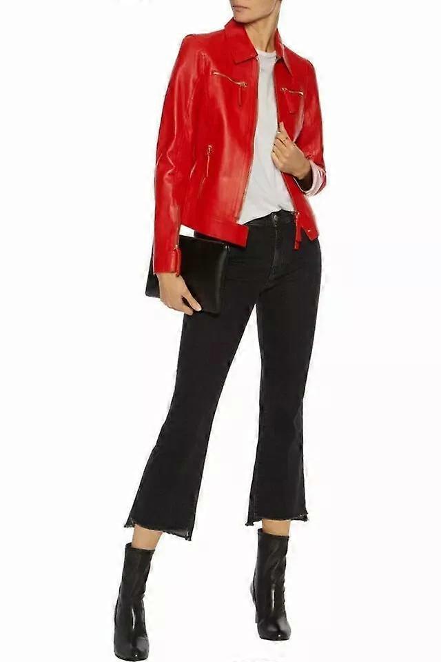 Womens Real Leather Slim Fit Classic Biker Jacket Soft Lambskin Red Basic Jacket