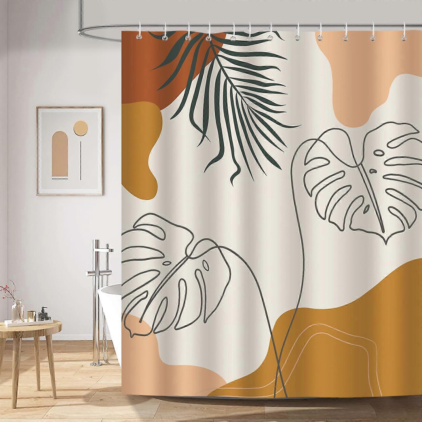 Boho Abstract Leaf Shower Curtain 180x180cm Waterproof Mold Resistant Polyester with 12 Hooks for Bathroom