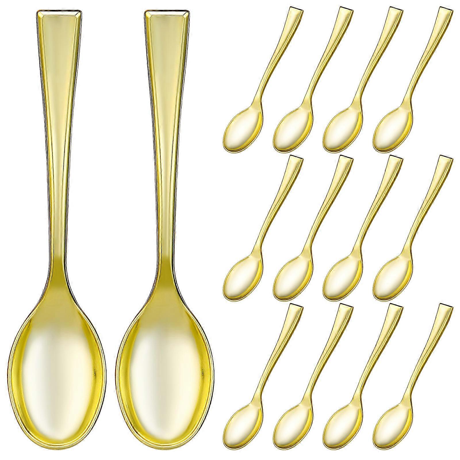 24PCS البلاستيك القابل للتصرف الذهبي ملعقة صغيرة مجموعة البلاستيك تقليد أدوات المائدة المعدنية للشواء نزهة الحزب