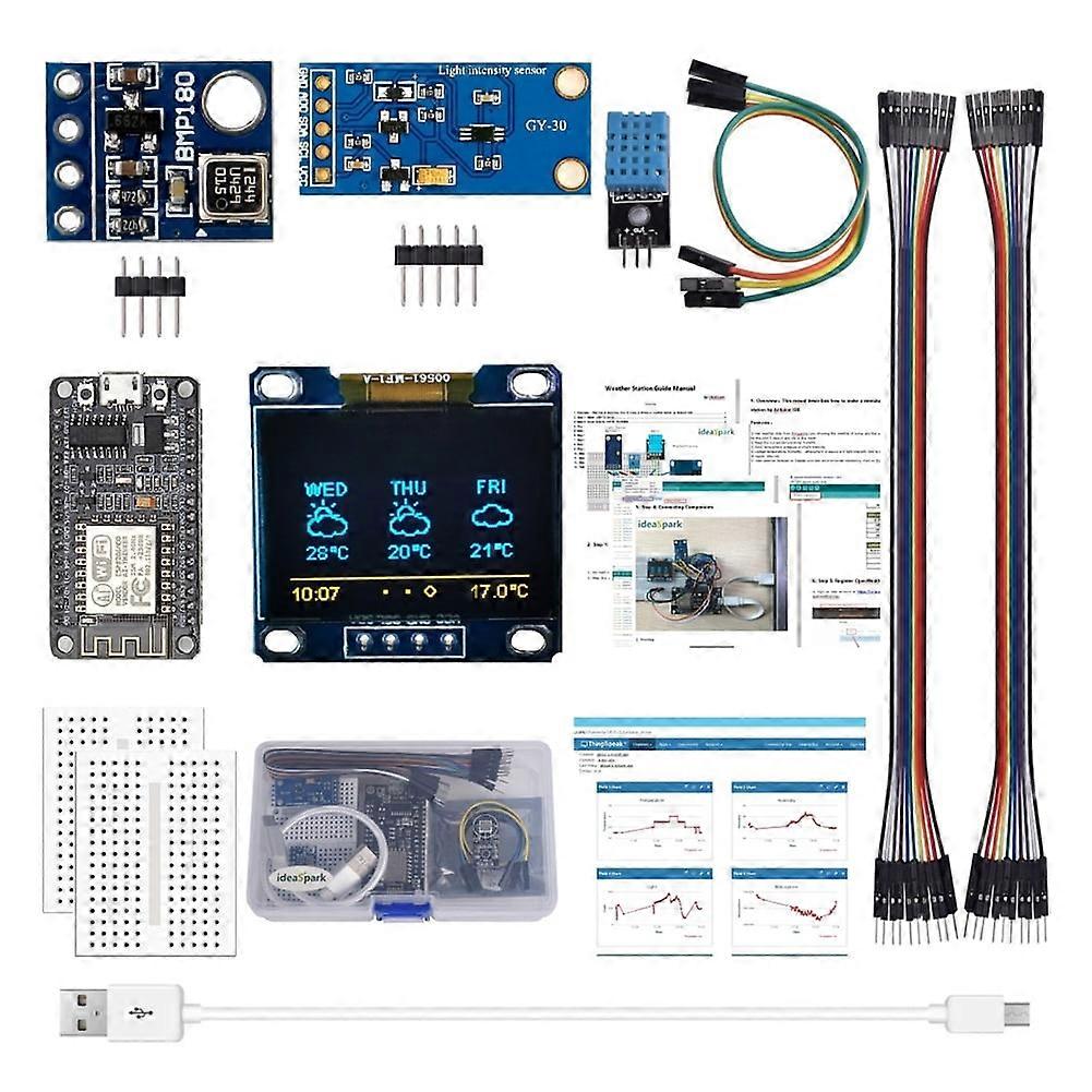 jixopn ESP8266 Weather Station Kit with 0.96" OLED, Temp/Humidity/Pressure Sensor, Light Sensor, Breadboard - Compatible with Arduino