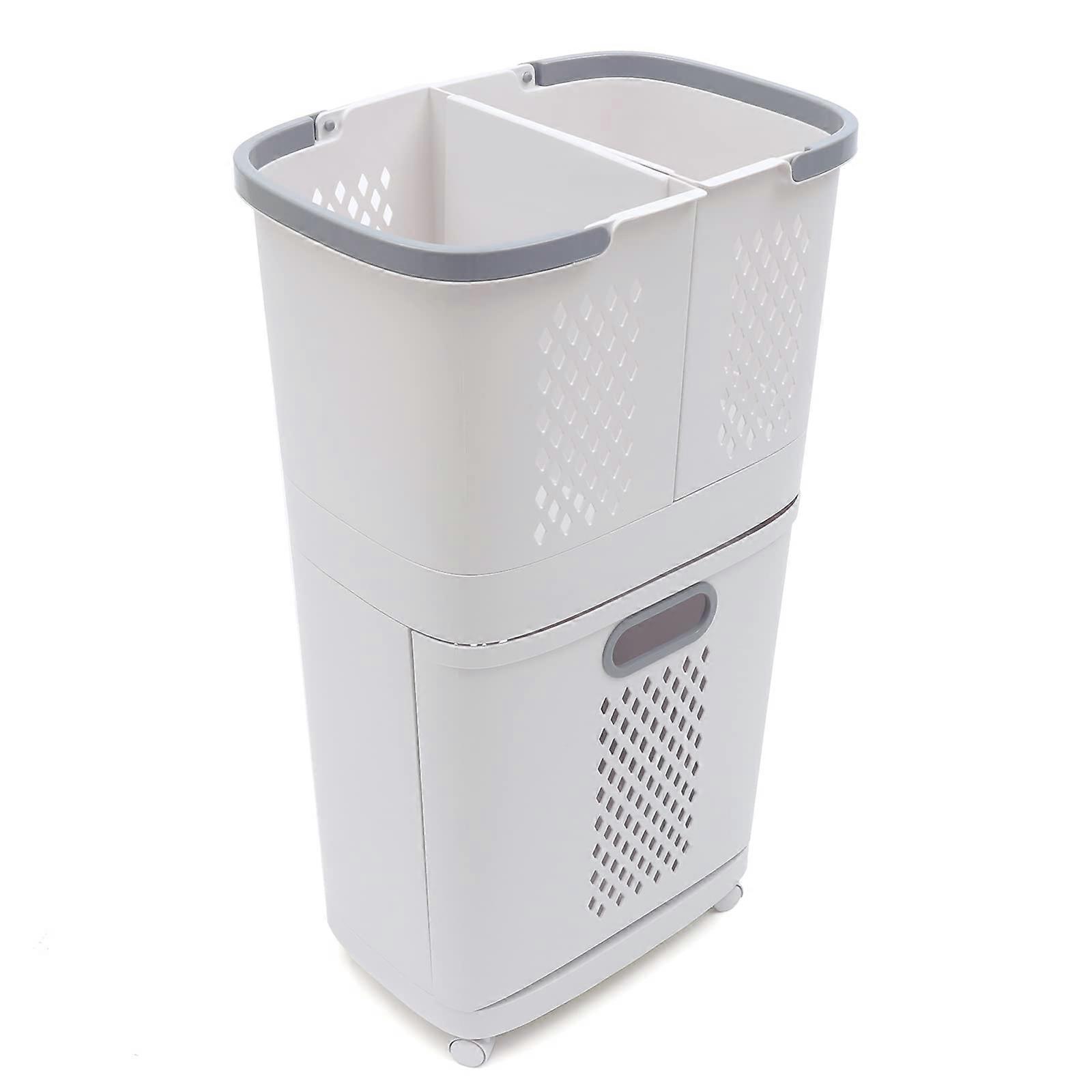 2Tier Stackable Laundry Basket with Wheels, Removable Clothes Hamper Organizer for Bathroom Bedroom Laundry Room, White