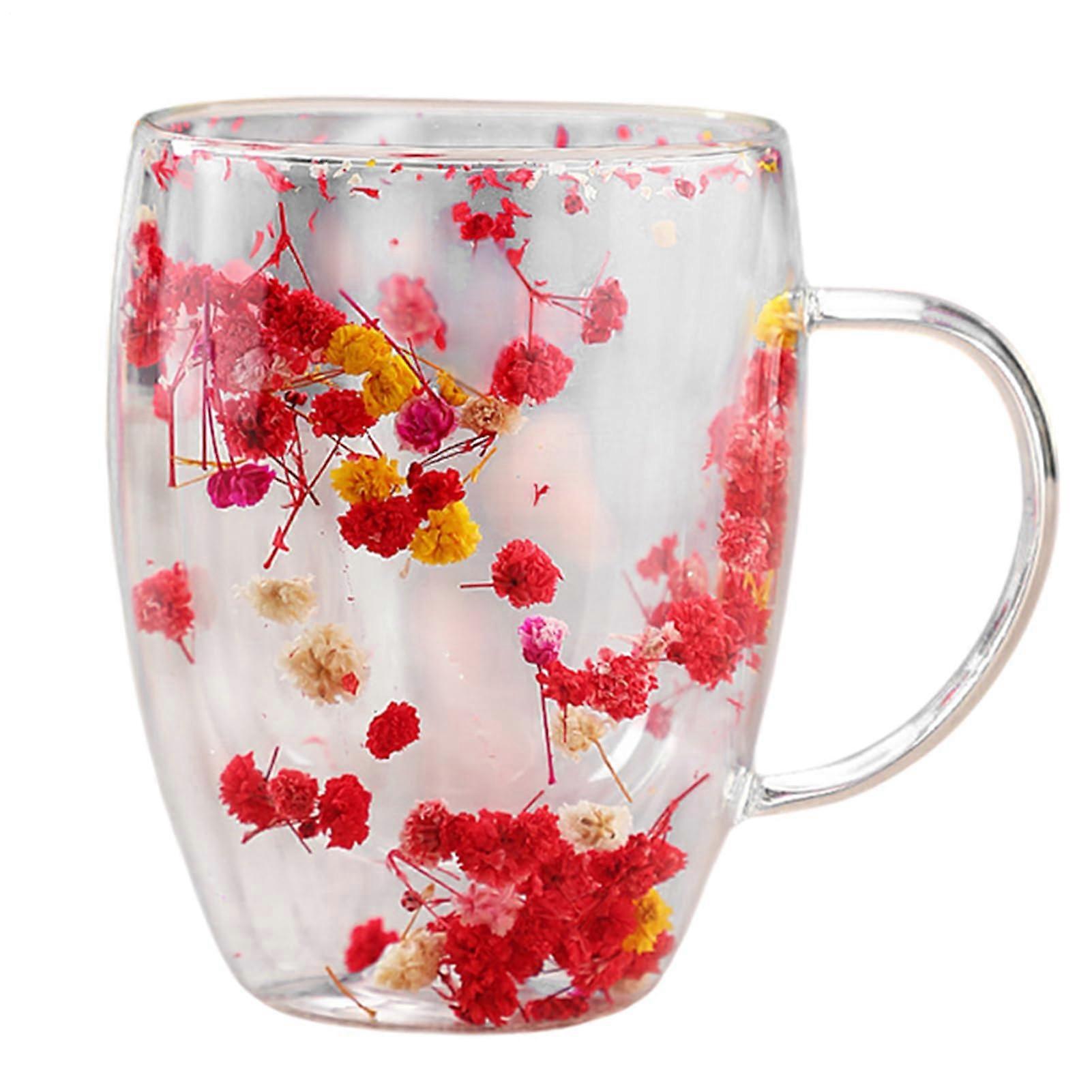 350ml Double Wall Glass Coffee Mug with Handle, Insulated Tea Cup with BuiltIn Dried Flowers Red