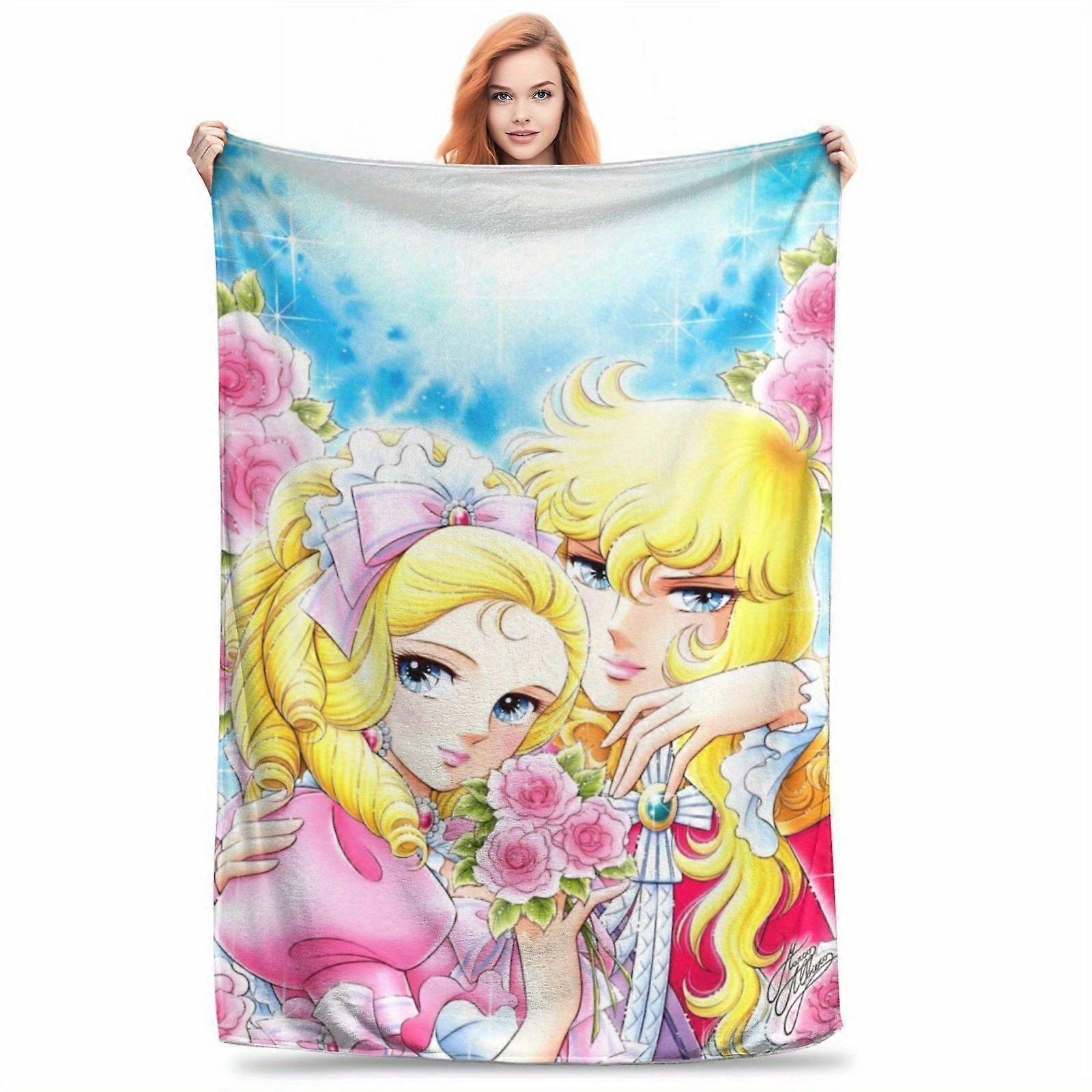 Anime and Versailles Roses Pattern Printed Flannel Fleece Blanket - Soft Comfortable All-Season Knitted Polyester 100% F-OPAZV25