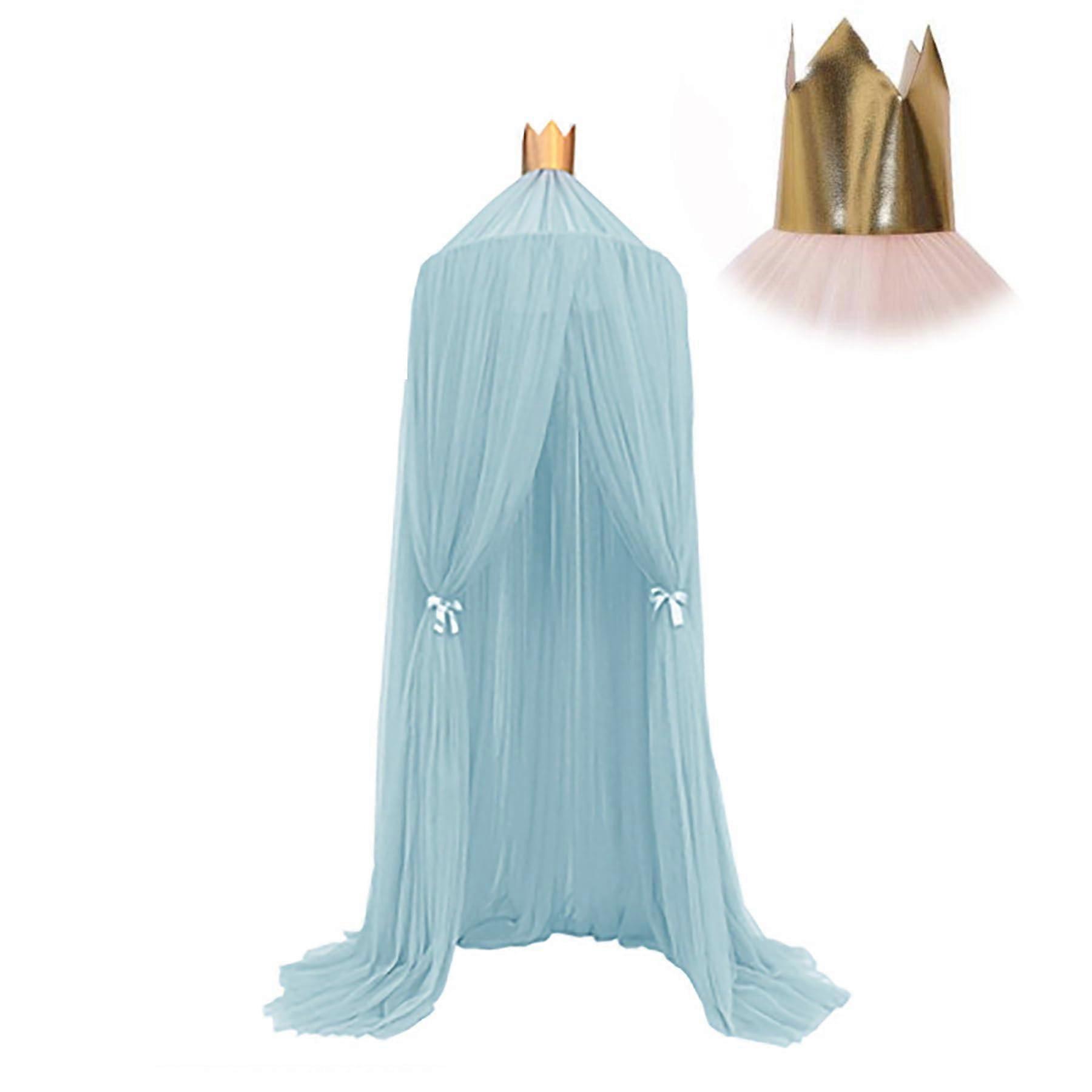 Mosquito Net Bed Canopy with Lights, Round Dome Cotton Fabric Canopy for Girls and Adults, Blue