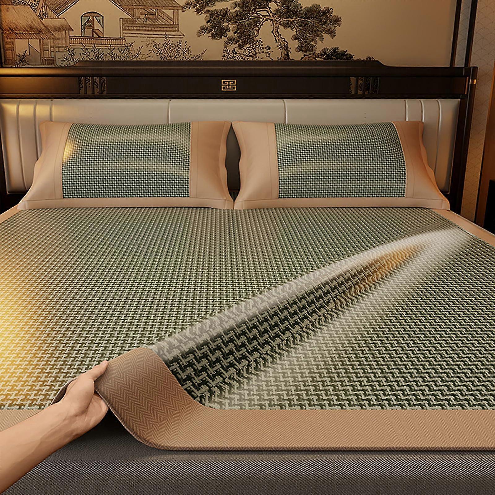 Cooling Sleeping Mat with Pillowcase, Foldable Rattan Bed Mat, DoubleSided Ice Silk for Summer Home Dorm Green 90x190cm