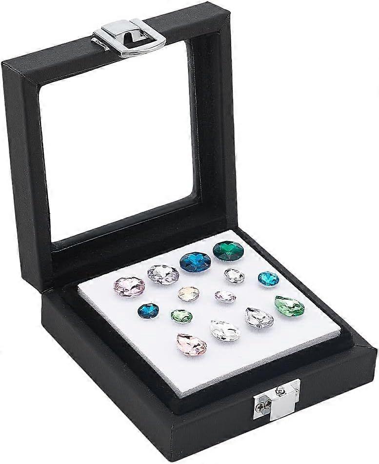 Leather Gemstone Display Boxes with Velvet and Window Black Diamnond Gemstone Display Case for Gemstone Jewelry Diamond Accessories Display 3.54x3.54x