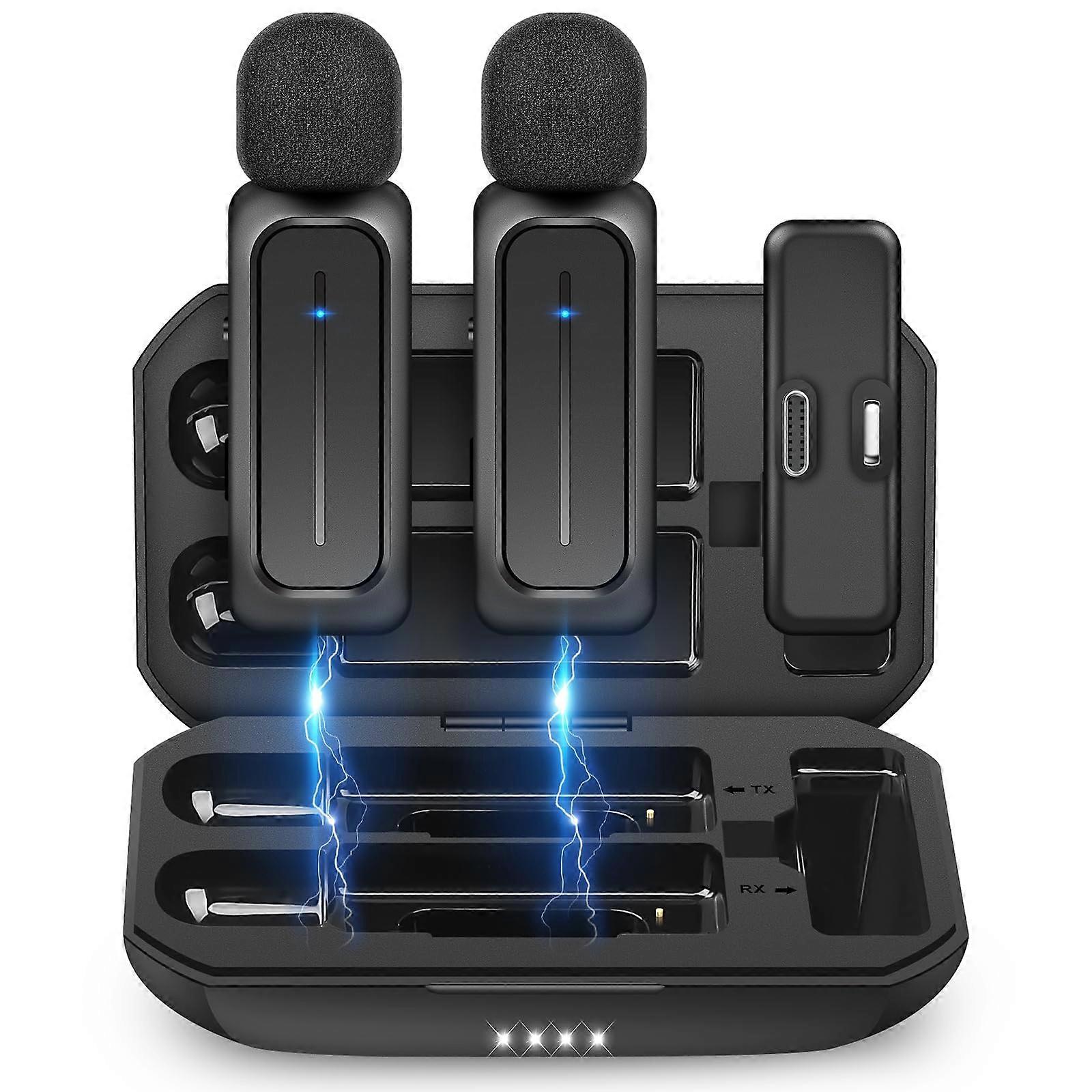 Wireless Lavalier Microphone for iPhone and Android, Dual Clipon Lapel Mics with Noise Reduction and Charging Case