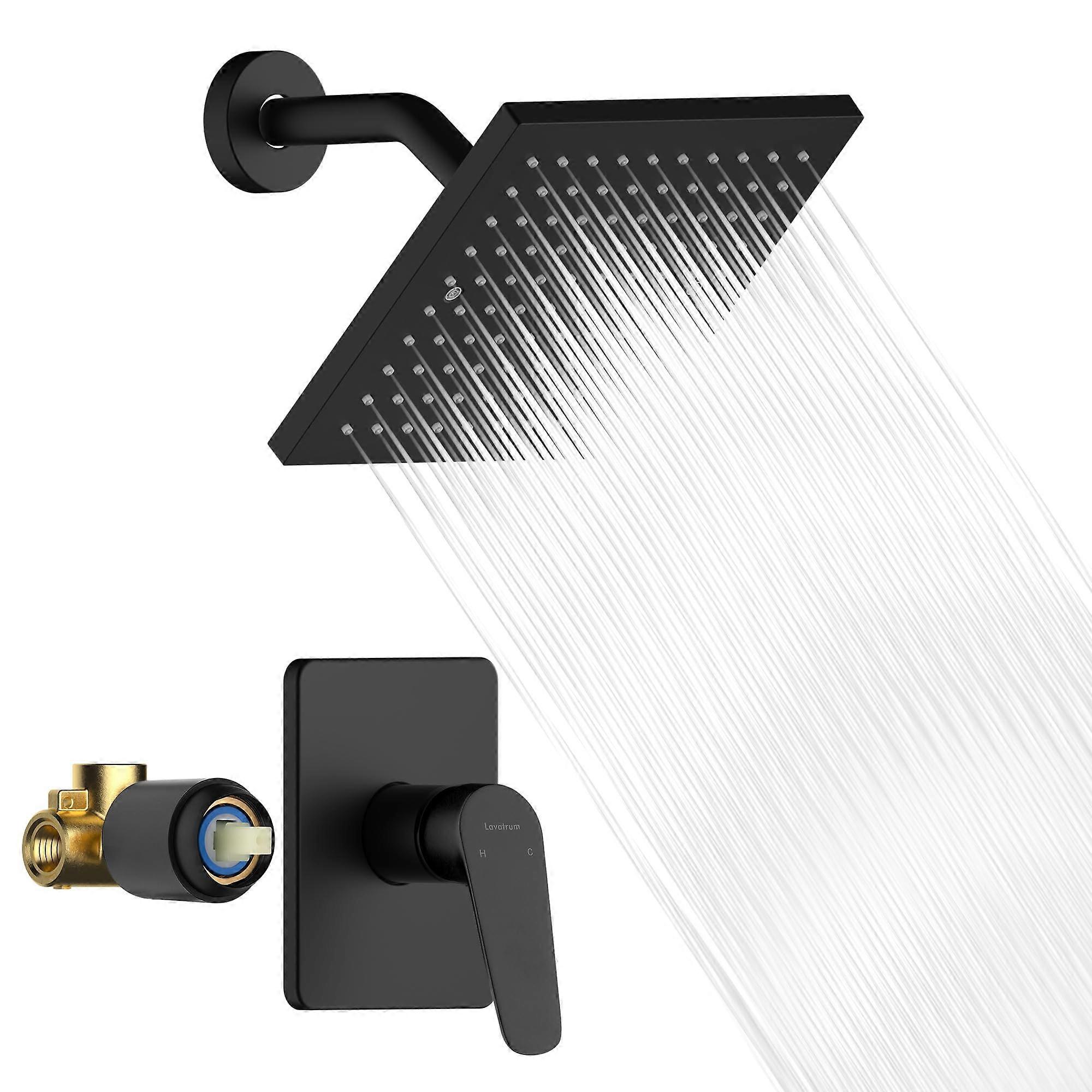 Matte Black 8 Inch Square Rainfall Shower Head and Faucet Set with Valve Trim Kit for Bathroom