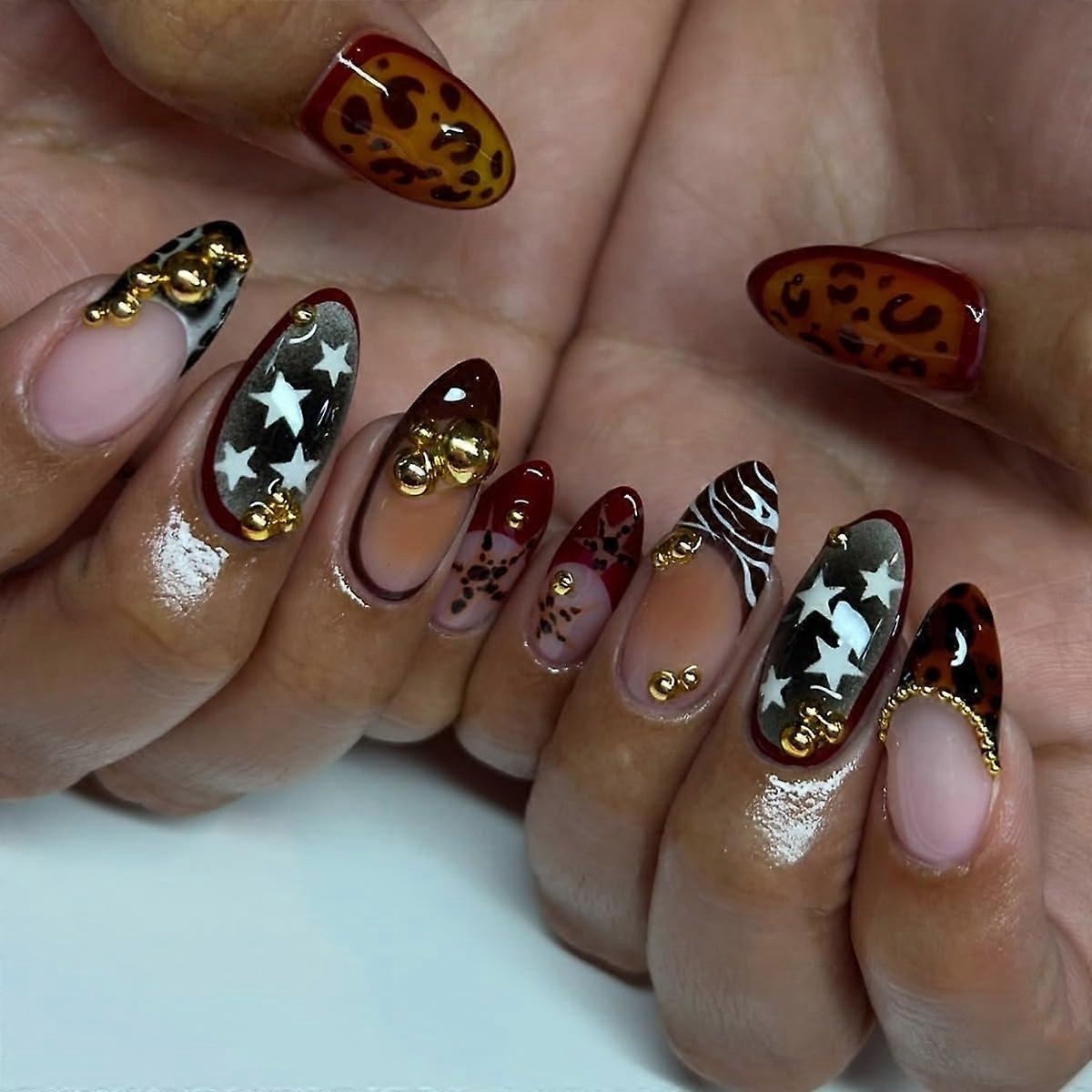 Almond Shape Press on Nails Brown Gradient Leopard Print with Gold Rhinestones Medium Length 24Pcs
