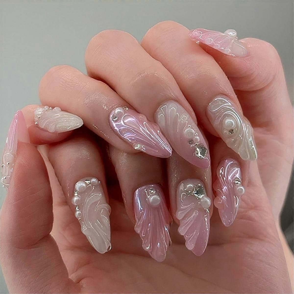 Pink Almond Press On Nails Medium Set with Gradient Glossy Finish and Secure Glue 24pcs