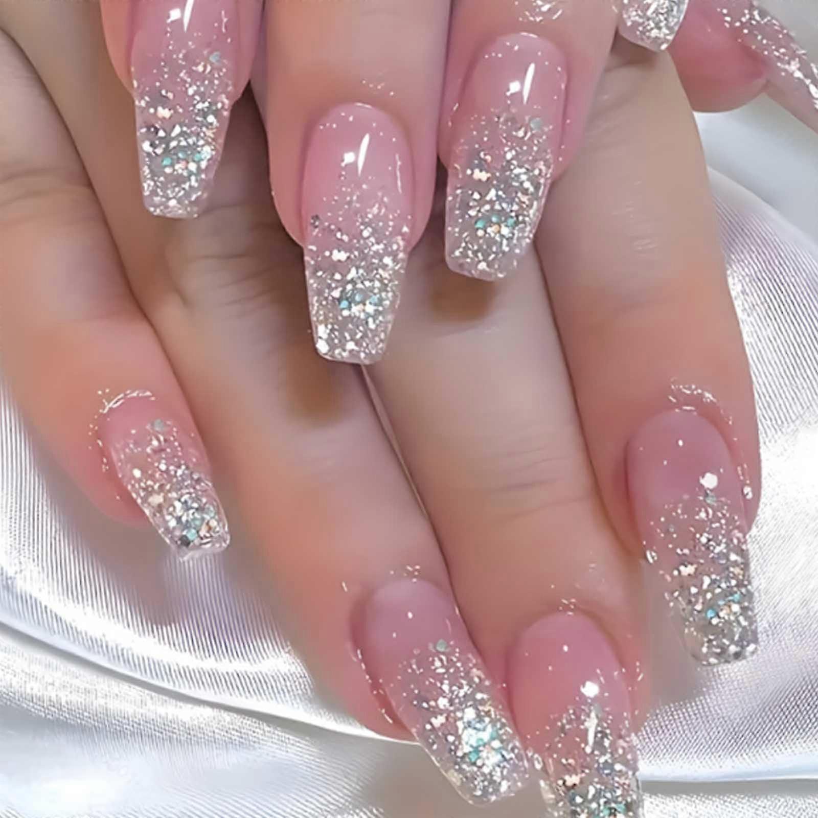 Press on Nails Long Coffin Shape Gradient Sequins False Nails for Women 24pcs Full Cover Set