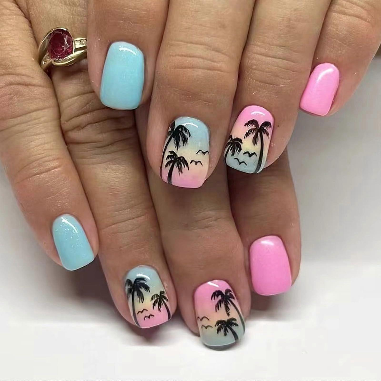Short Square Press On Nails with Glossy Gradient Coconut Tree Design, 24pcs Acrylic False Nails