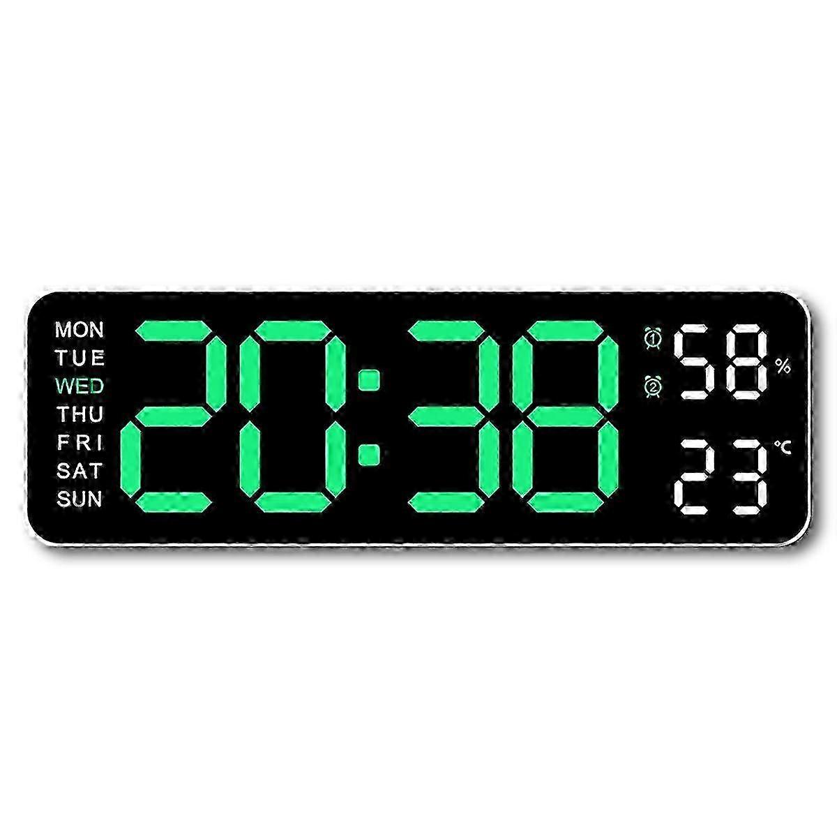 Large Digital Wall Clock Temperature and Humidity LED 12/24H Green