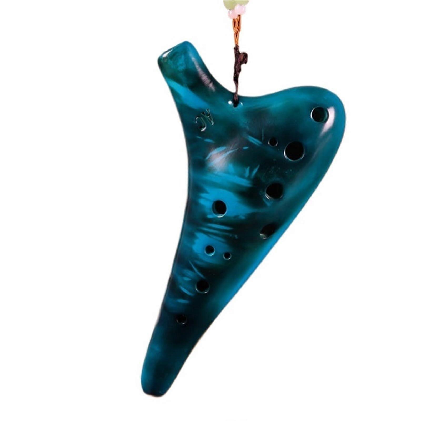 12 Hole Blue Ceramic Ocarina for Beginners with Tutorial and Bag, Strawsmoked Finish