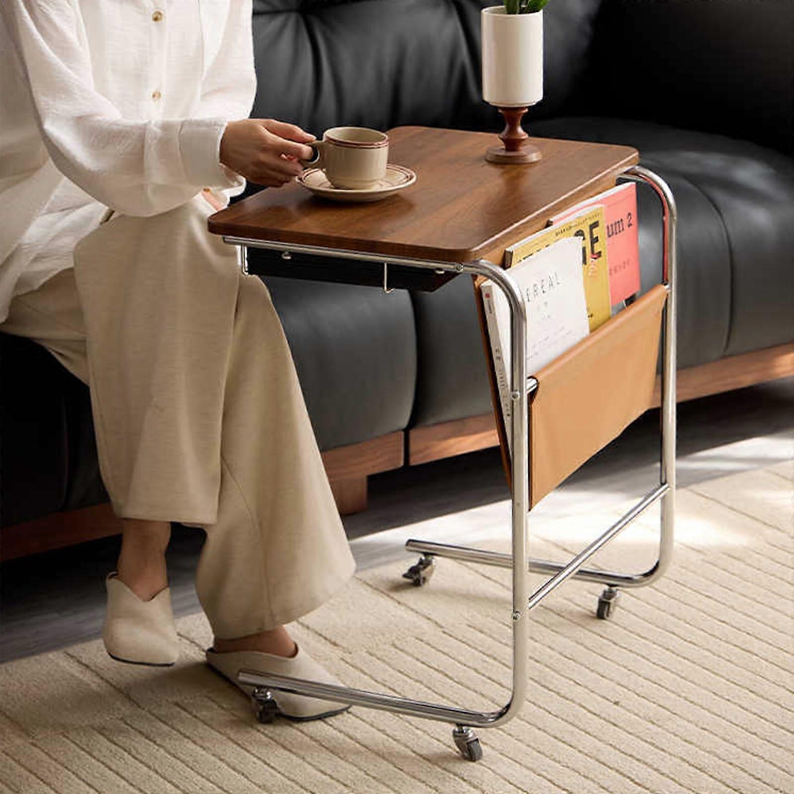 Overbed Table with Wheels, Adjustable Rolling Laptop Desk Tray, Warm Brown Bedside Table