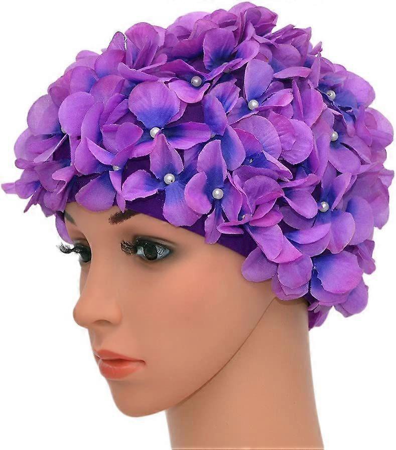 Dww-Violet-Women's Retro Bathing Cap with Floral Pattern