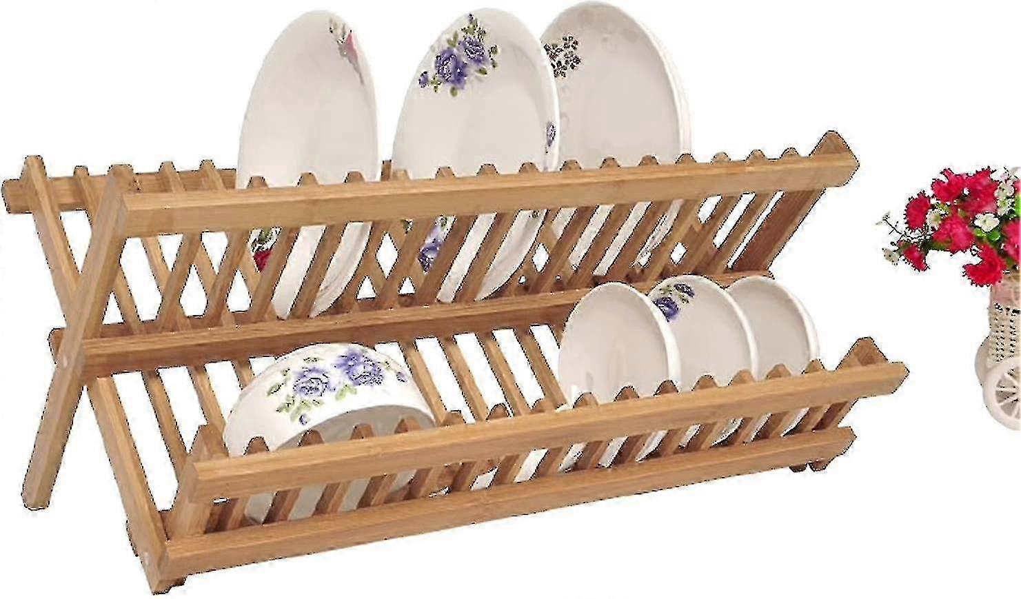 2-Tier Foldable Bamboo Dish Drainer