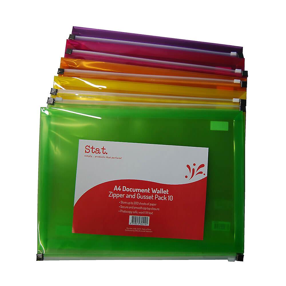 Stat Polypropylene Document Wallet With Zip Gusset Assorted A4 Pack of 10