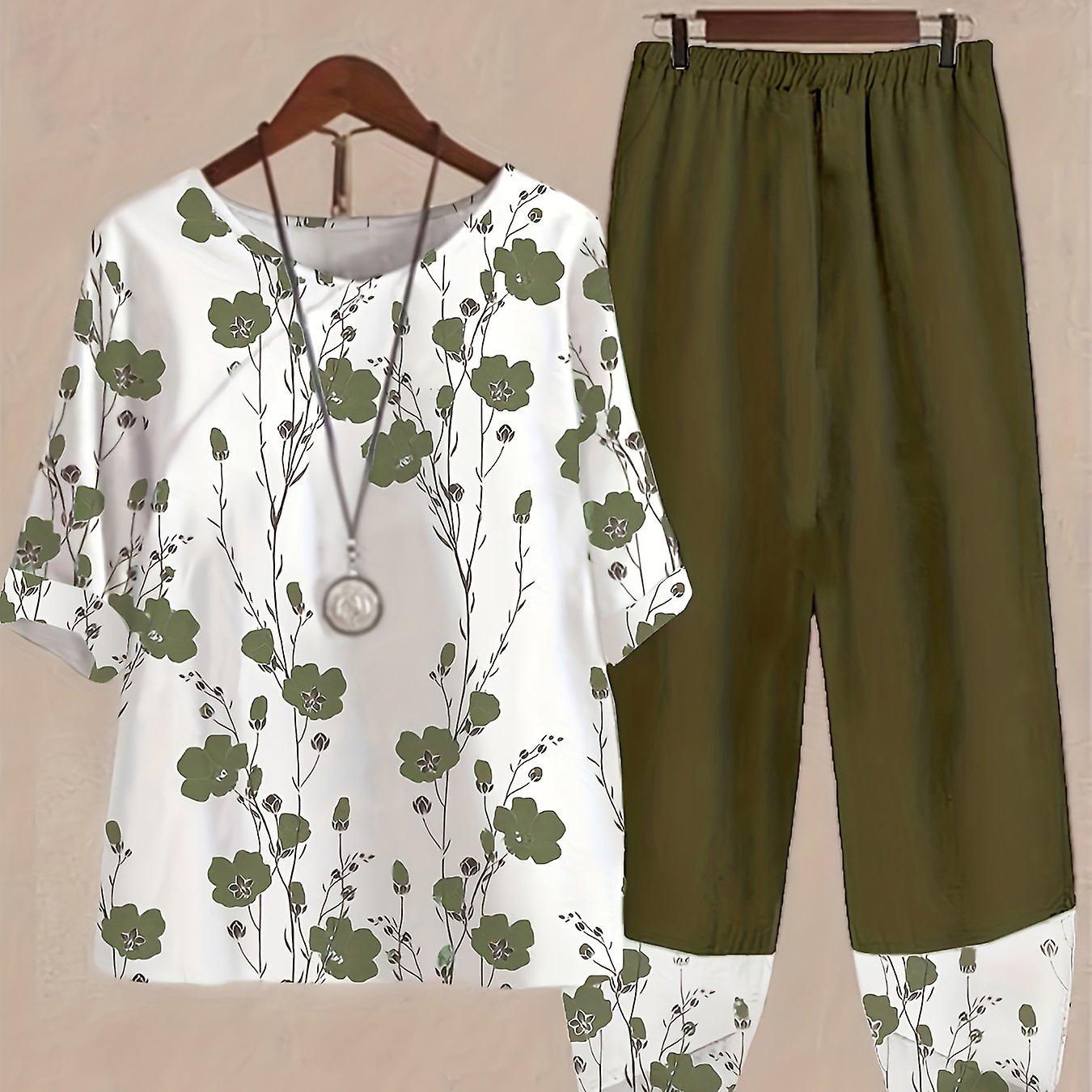 Plus Size Casual Outfits Set Women S Plus Floral Print Short Sleeve Round Neck Tee & Pants Outfits Two Piece Set