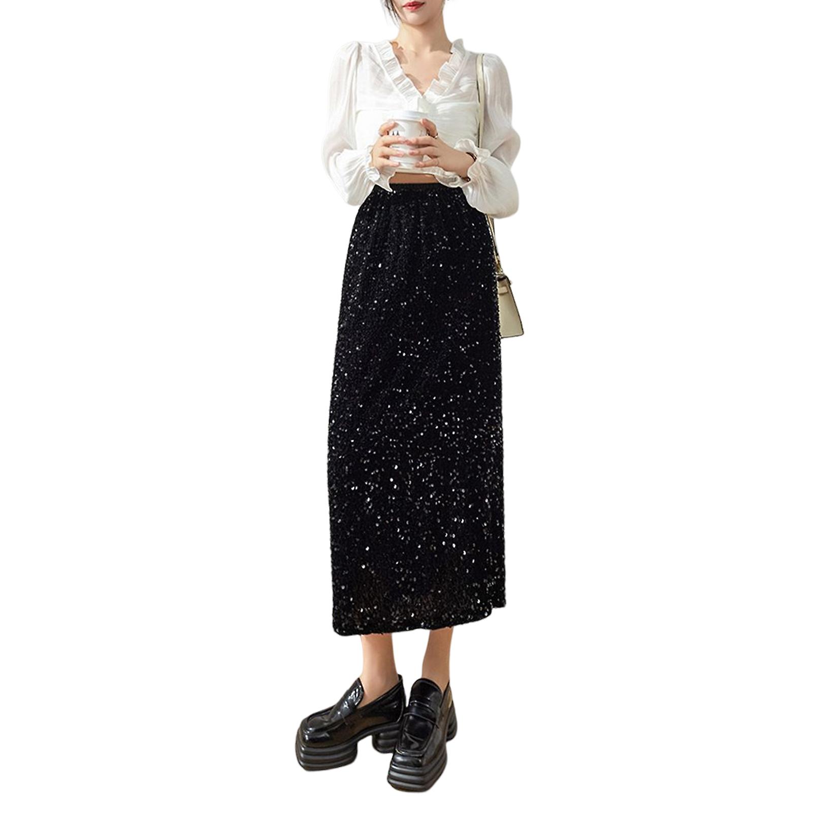 Women's Side Split Long Skirts Shiny Glitter Solid Color Elastic Waist Skirts