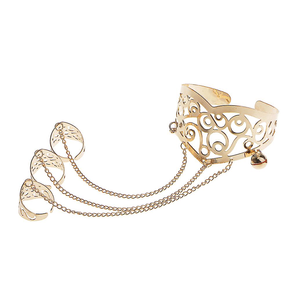 Hollow Out Adjustable Bangle Chain with 3 Opening Rings Set w/ Bells Gold