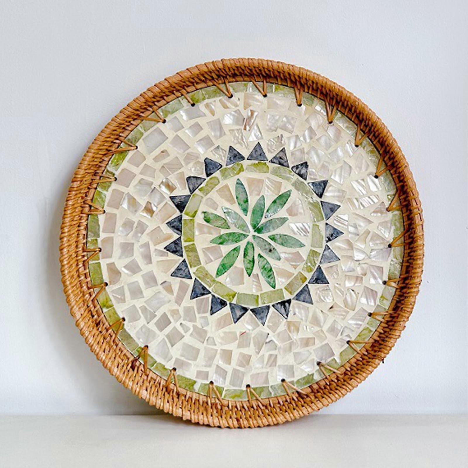 Rattan Woven Serving Tray Round Decorative Natural Rattan Shell Fruit Dessert Snack Plate for Living Room Coffee Table Bohemia