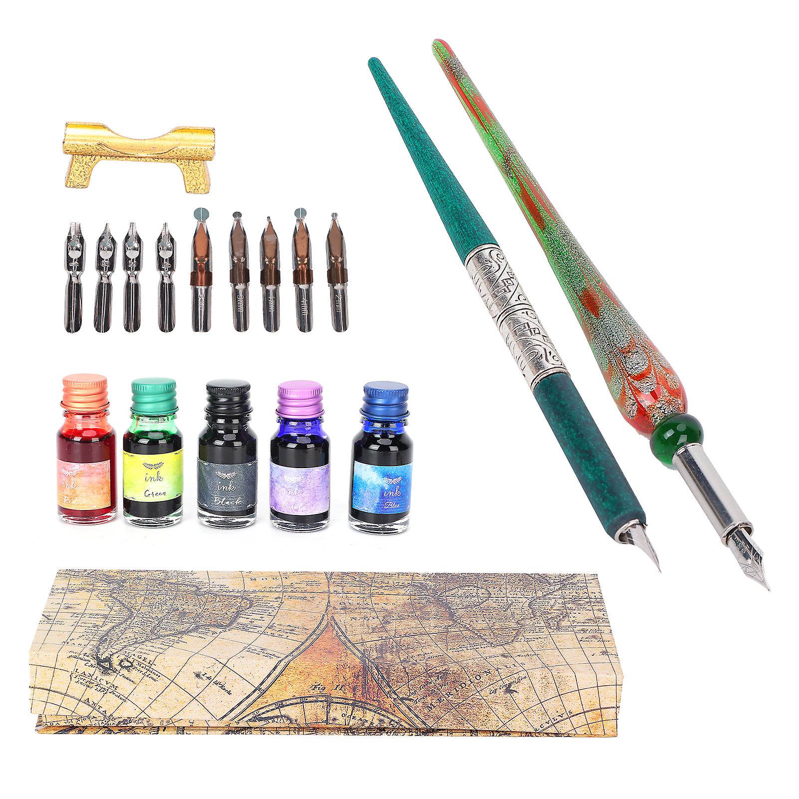 Dip Pen Kit 12.5x33x4cm Flat Round Nib with Ink Holder for Writing Drawing CalligraphyRed Green 2 Pen 5 Ink Set
